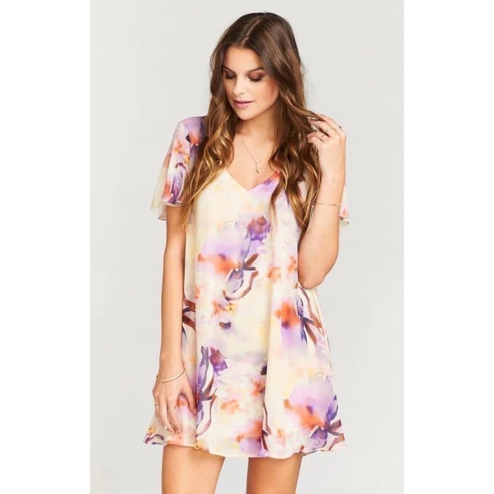 Show Me Your MuMu Dress Kylie Floral Flowy Mini Cream Purple XS